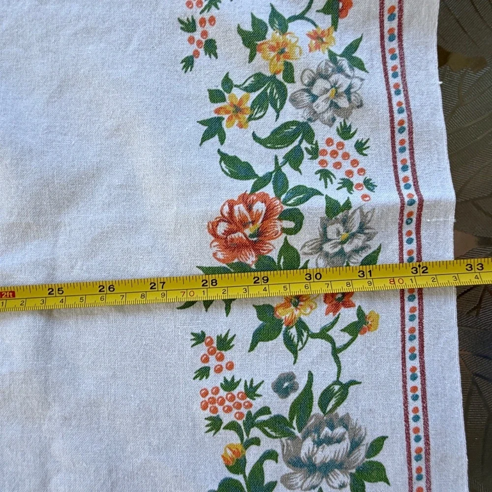 Vintage Floral Square Tablecloth White Cotton Linen Blend Orange Blue Green 33